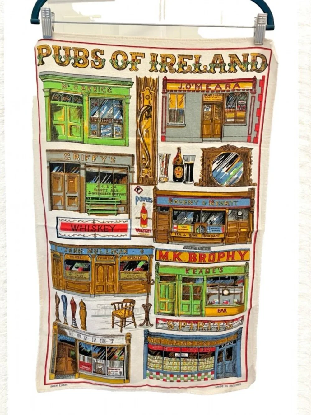Vintage 100% Irish Linen Pubs Of Ireland Tea Towel Wall Hanging Made in Ireland